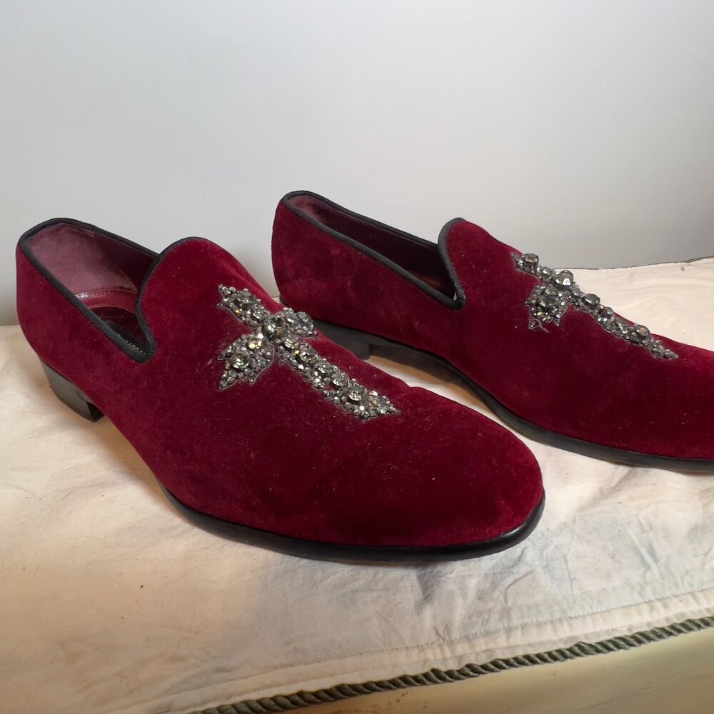 Dolce & Gabanna Burgundy Velvet and Rhinestone Cross Loafer Men's 10